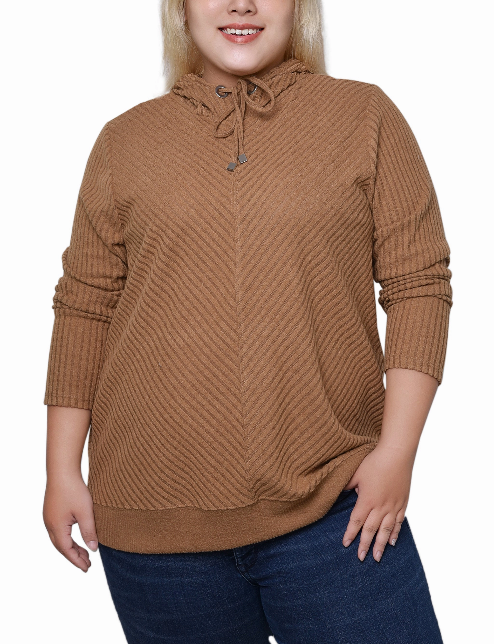 Plus Size Ribbed Long Sleeve Hoodie BreathableMaterial