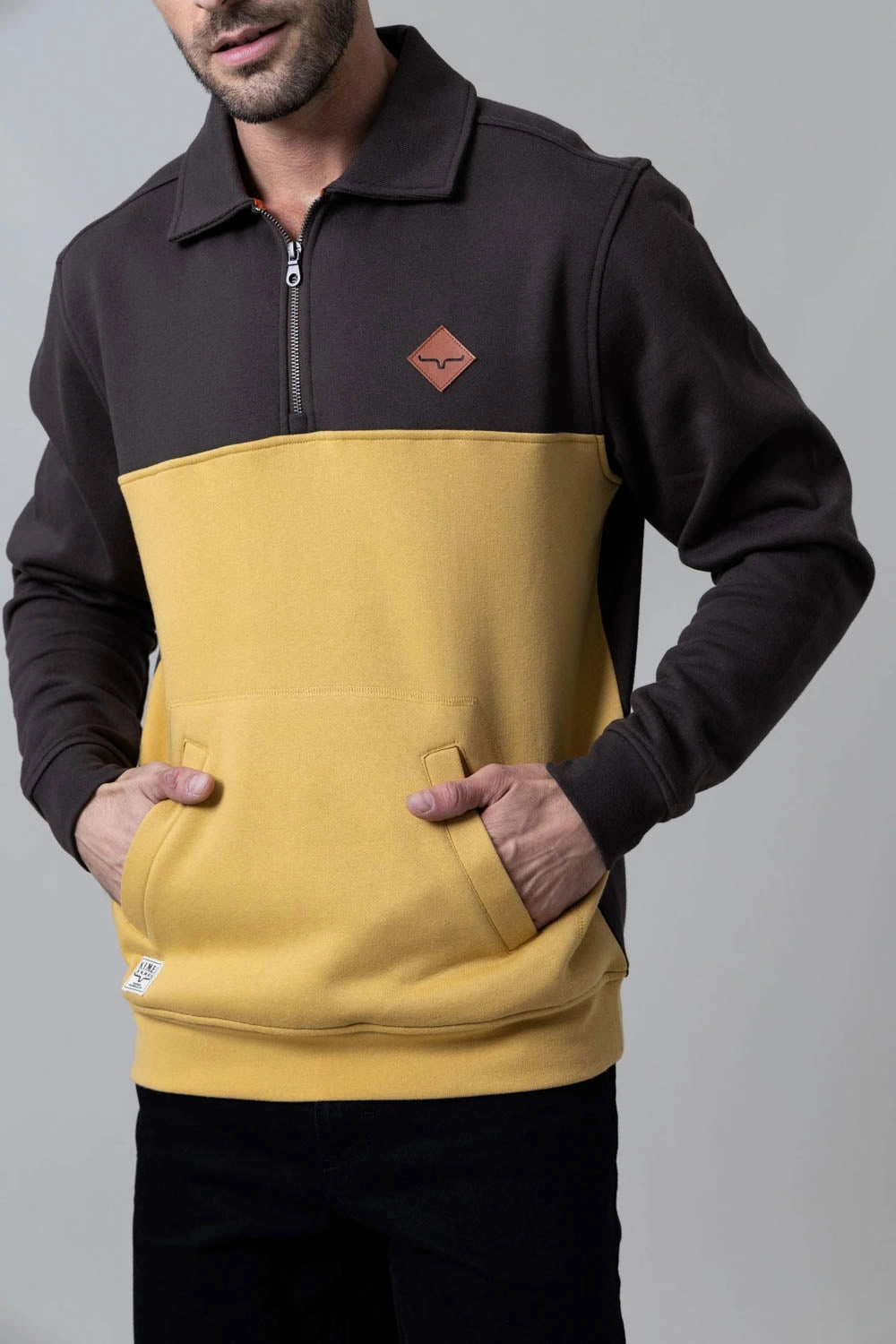 Soft Touch Gym Companion Kimes Ranch Mens Diamond Head Brown/Mustard Cotton Blend 1/4 Zip Sweater