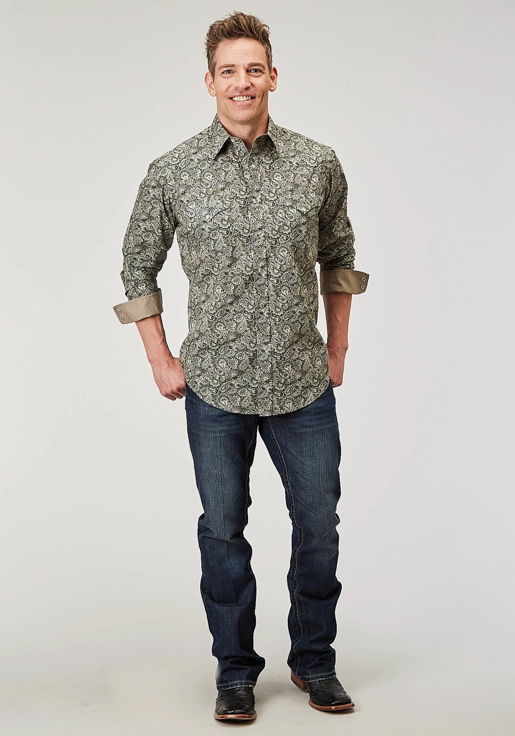 Designer Touch Gender Neutral Roper Mens 1901 Estampa Paisley Green 100% Cotton L/S Shirt