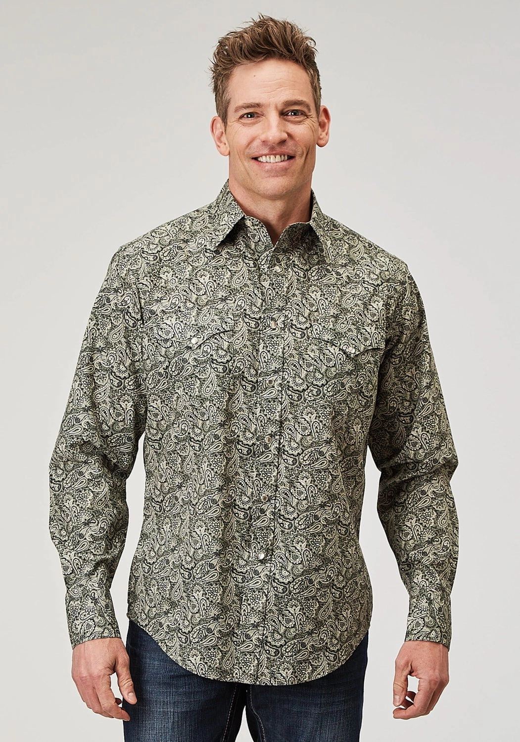 Reinforced Side Vents Layering Essential Roper Mens 1901 Estampa Paisley Green 100% Cotton L/S Shirt