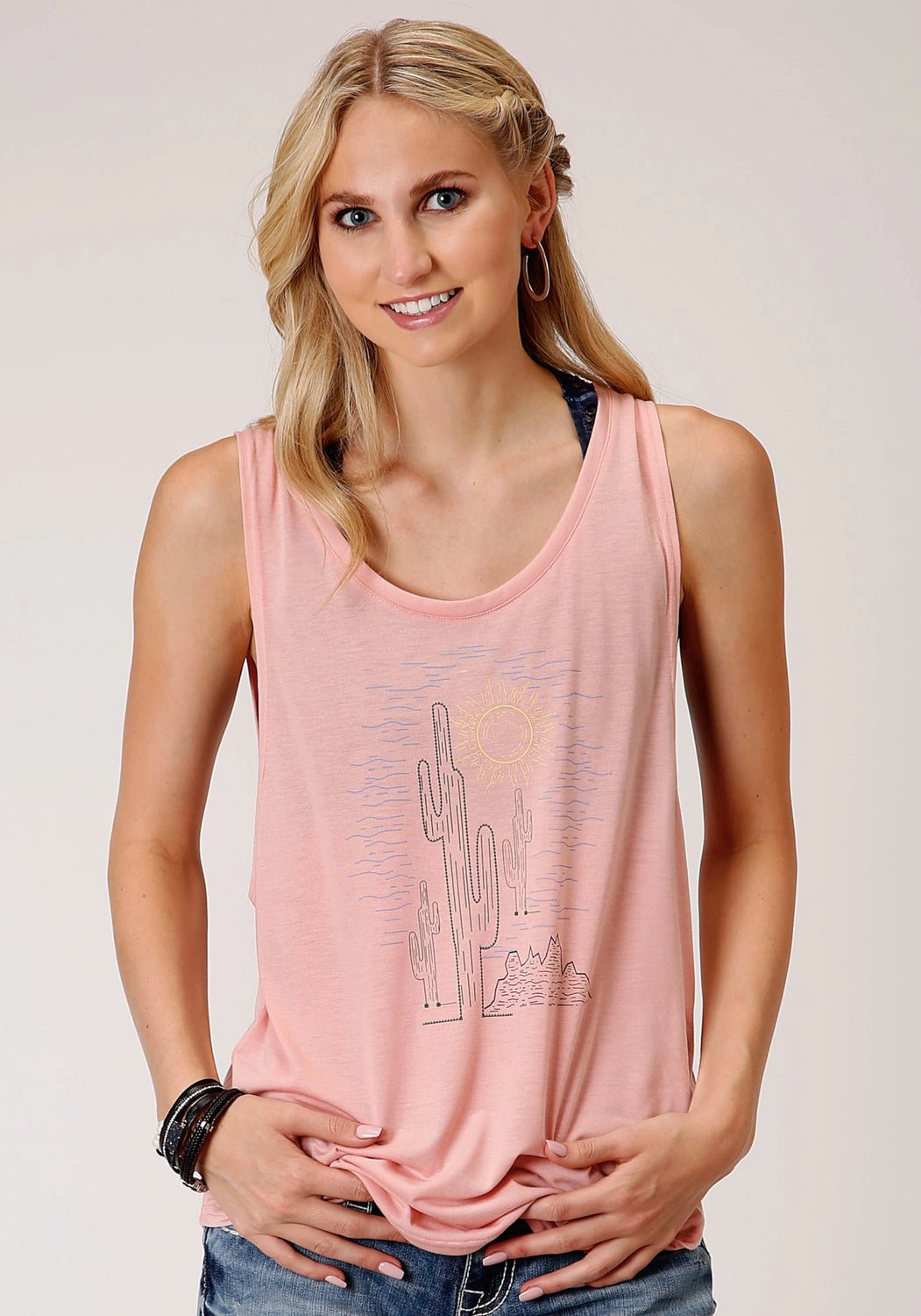 Date night Refined Aesthetic Roper Womens Pink Poly/Rayon Cactus Tank Top