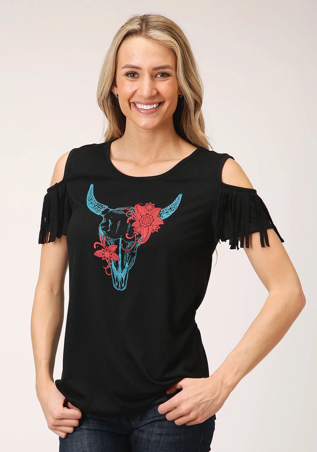 Roper Womens Black Poly/Rayon Cold Shoulder S/S Longhorn T-Shirt No Slip Shoulder Grip