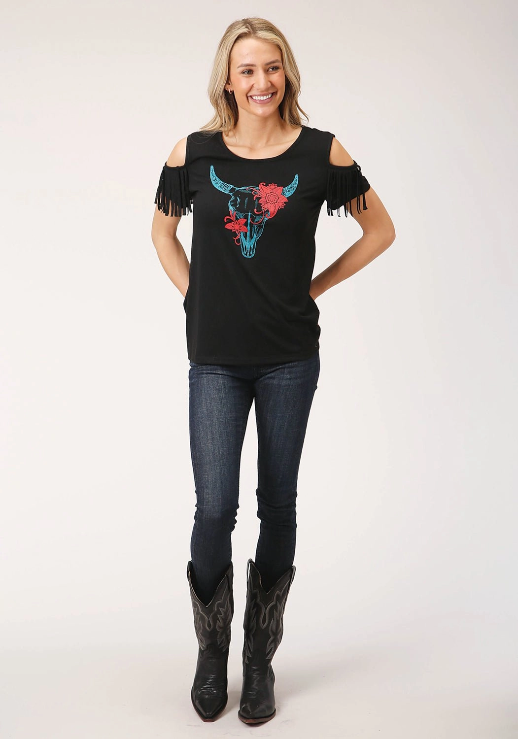 Roper Womens Black Poly/Rayon Cold Shoulder S/S Longhorn T-Shirt Hooded Option