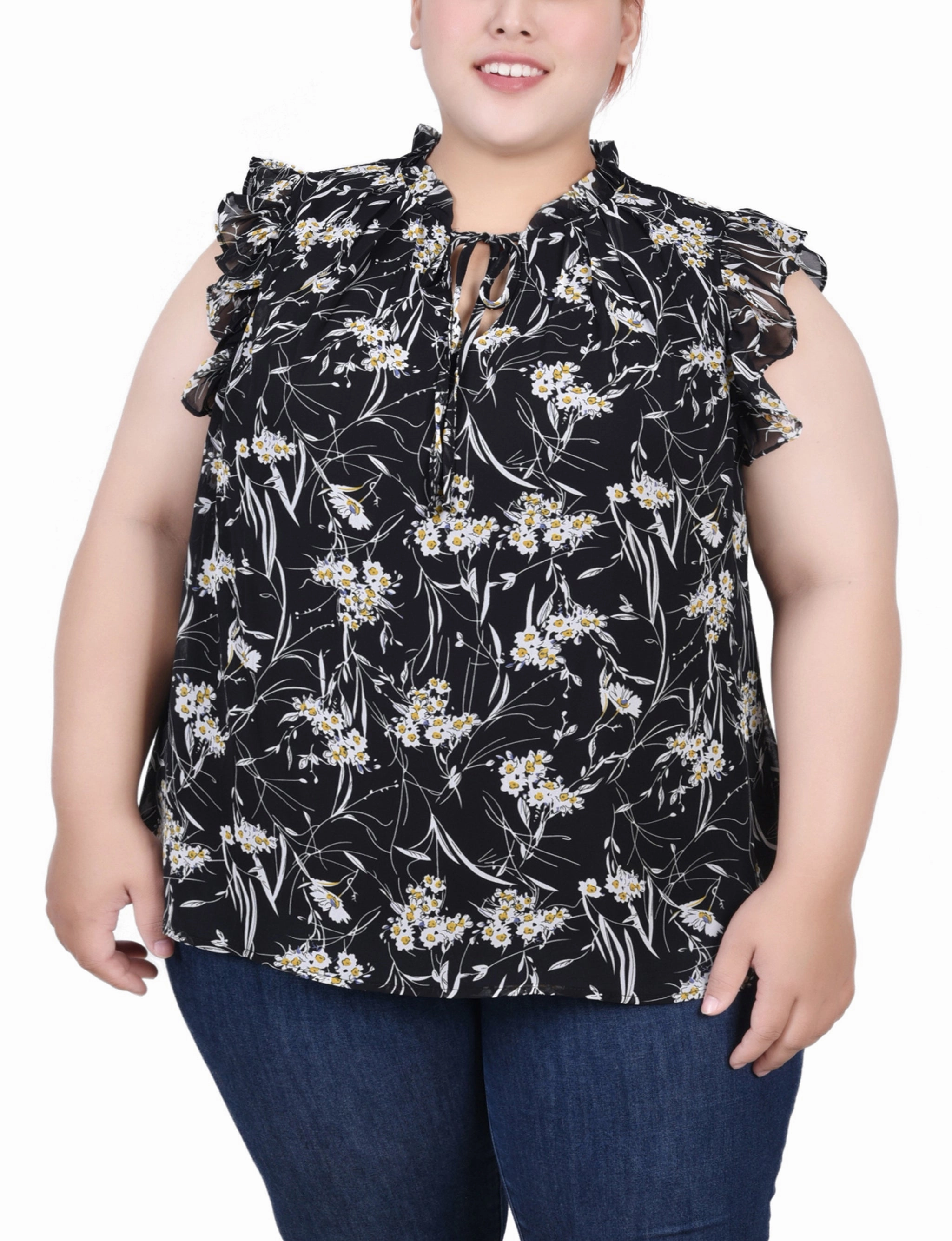 Plus Size Ruffled Sleeve Blouse With Tie Closure Comfortable Cut