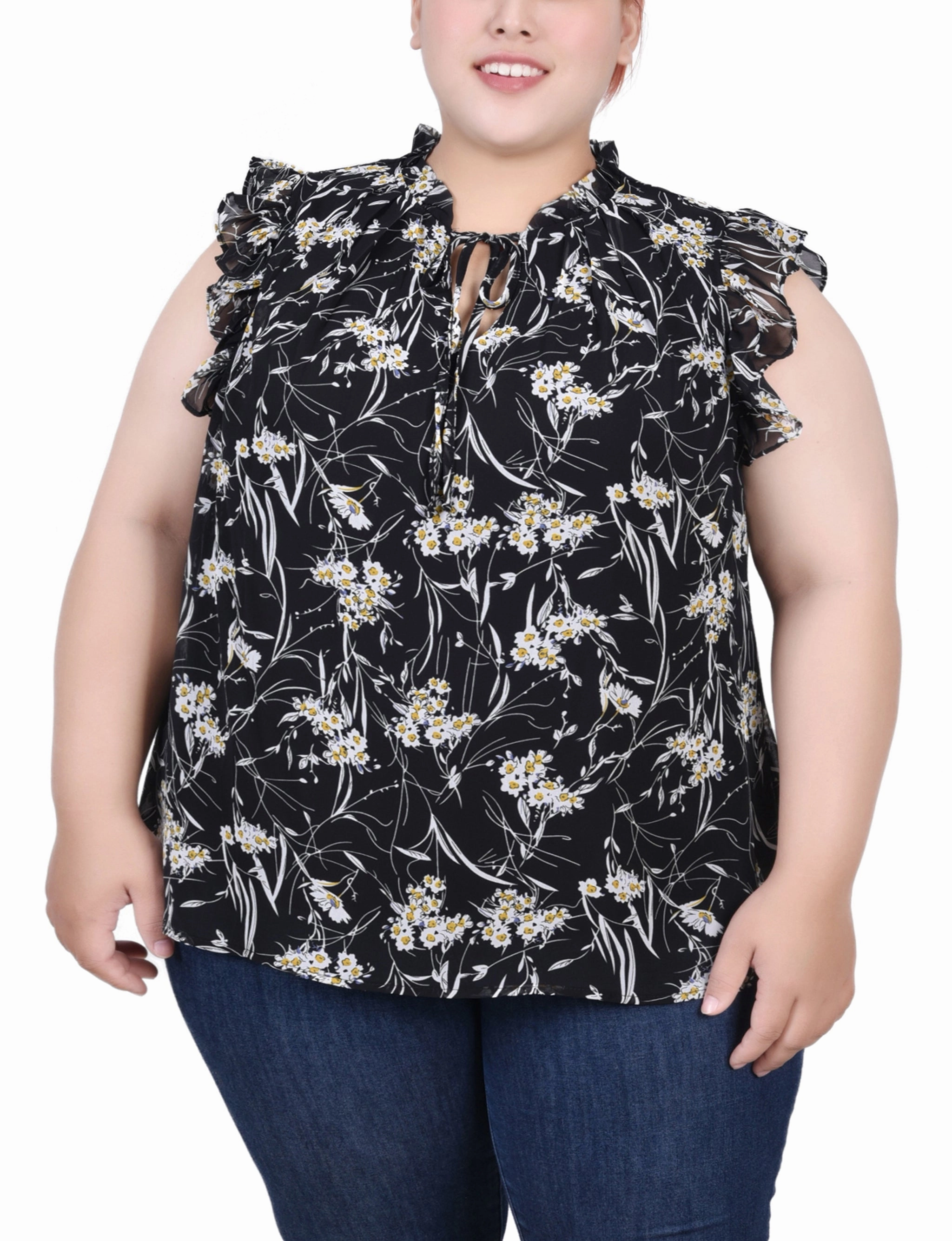 Plus Size Ruffled Sleeve Blouse With Tie Closure No Iron Fabric Lightweight