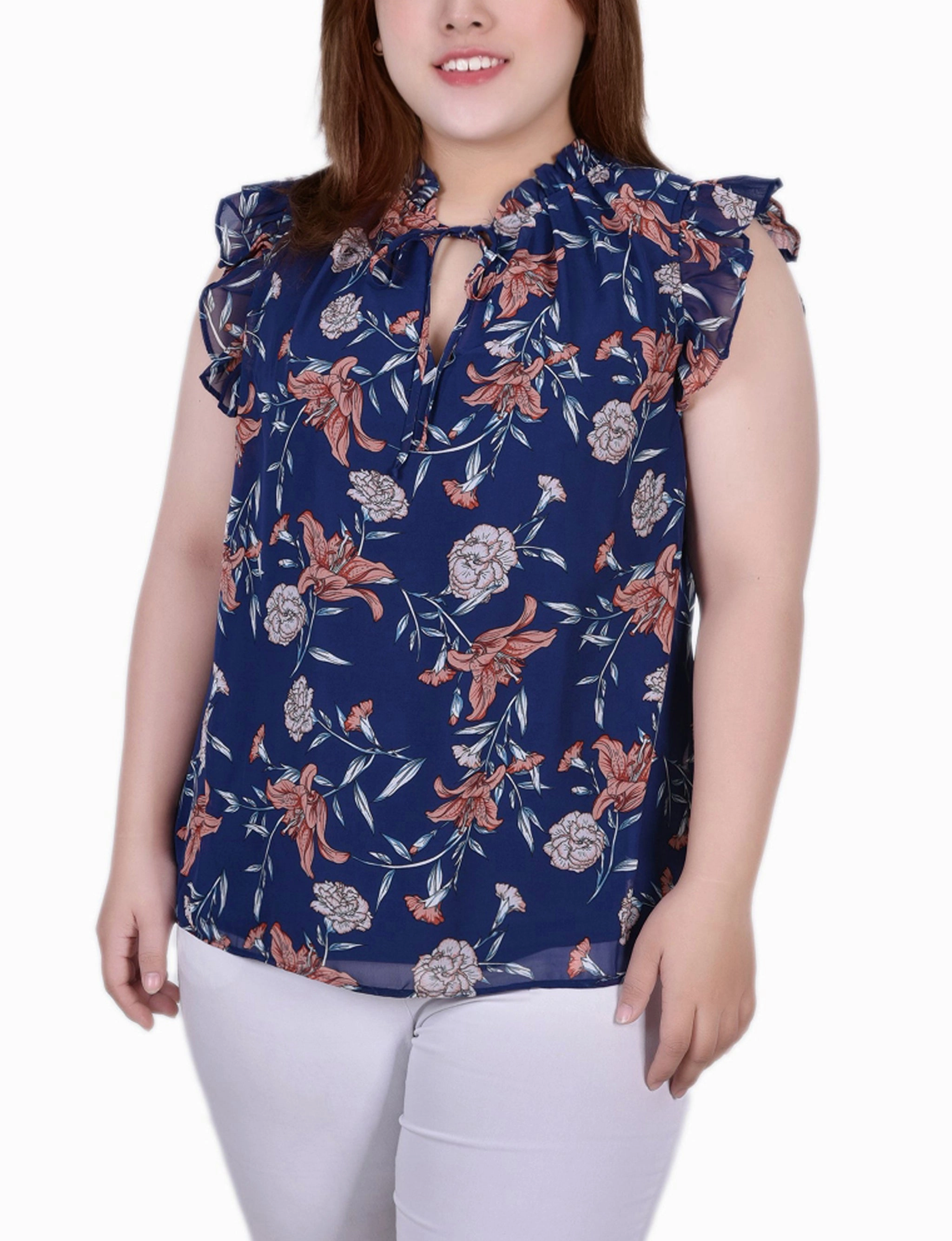 Layered Collar Hidden Pocket Design Plus Size Ruffled Sleeve Blouse With Tie Closure