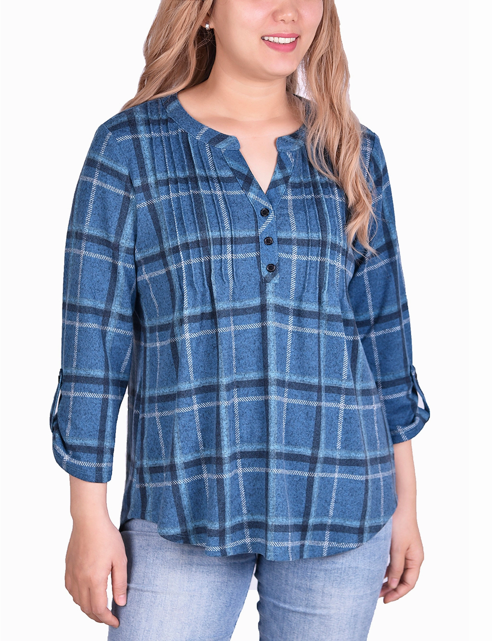 CarbonNeutral Production DoubleLayeredShoulders 3/4 Sleeve Roll Tab Pintucked Front Pullover Top