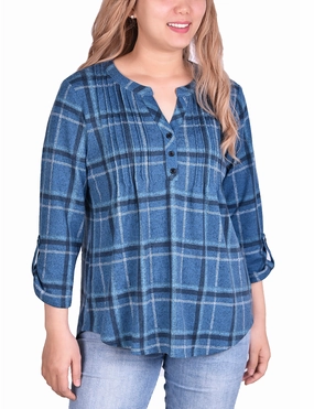 3/4 Sleeve Roll Tab Pintucked Front Pullover Top High Collar Option