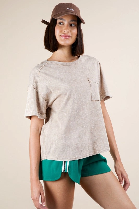 Maggie Mineral Washed Knit Top With Pocket Rubberized grip