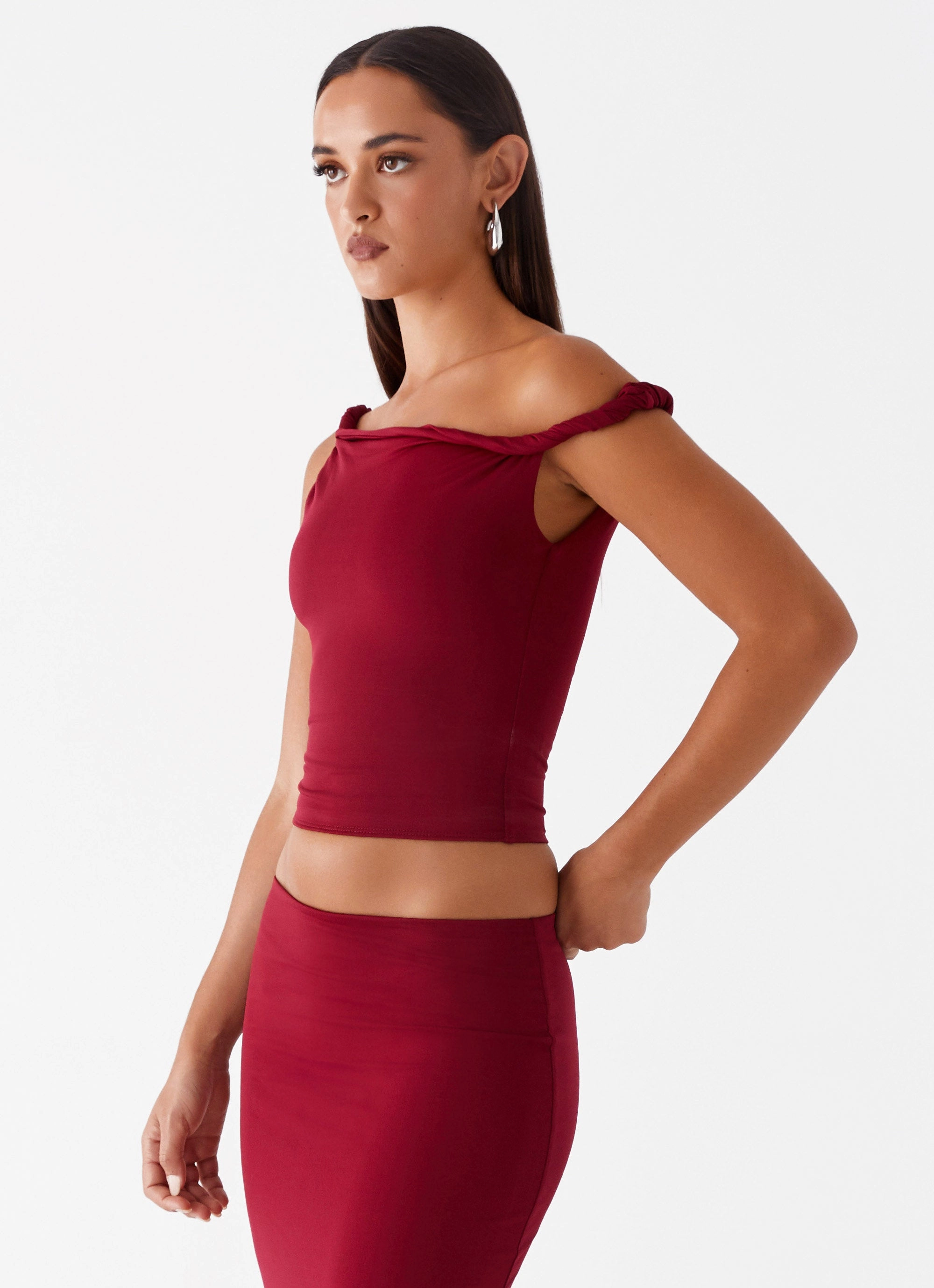 Breathable fabric Solace Soul Twist Shoulder Top - Maroon