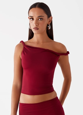 Solace Soul Twist Shoulder Top - Maroon Breezy Flow Diagonal Slit