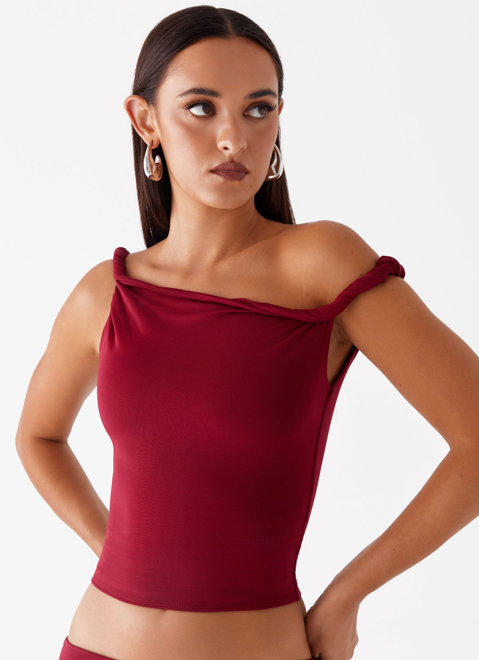 Fashion Forward UV Protection Solace Soul Twist Shoulder Top - Maroon