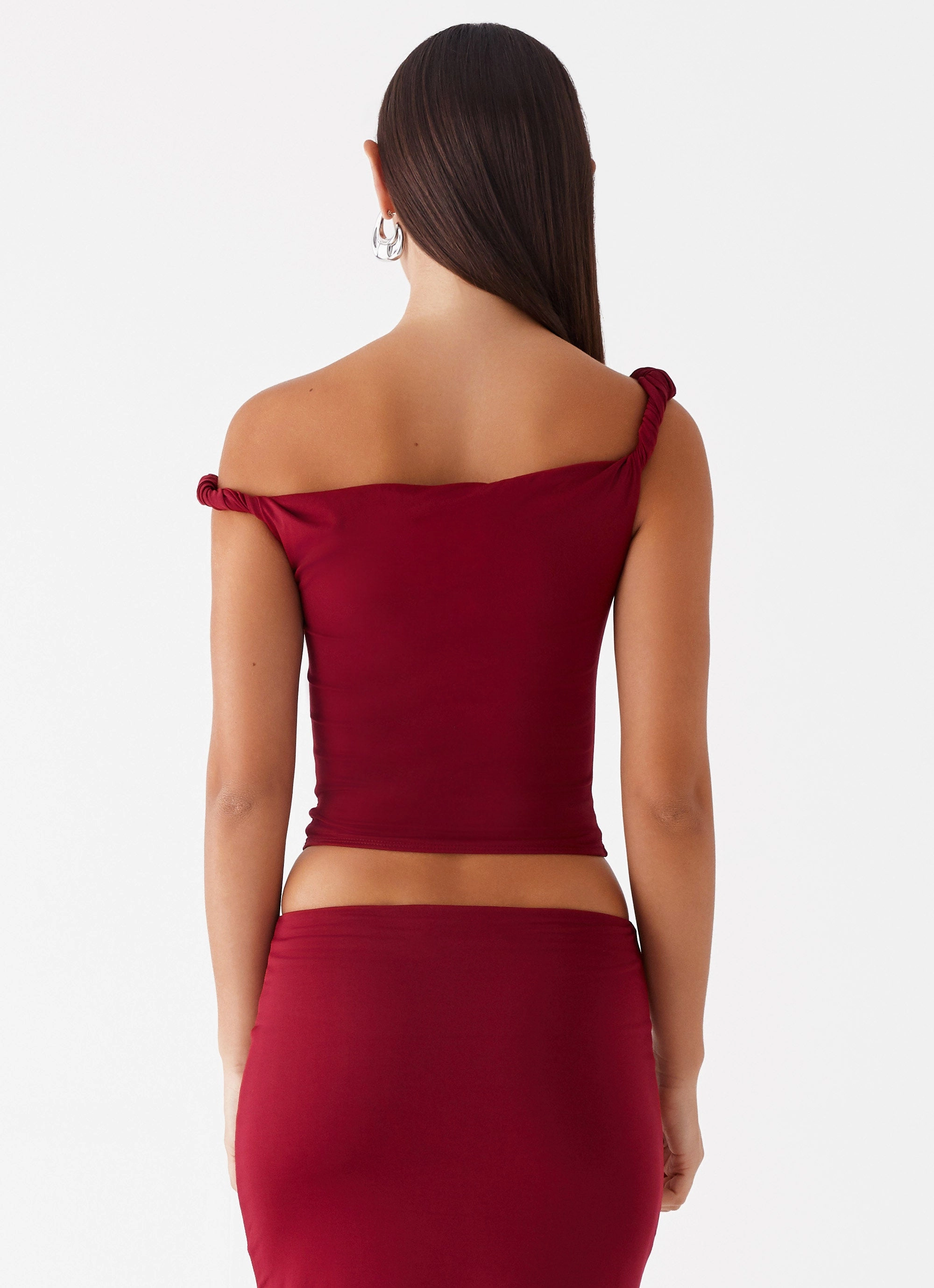 Flexible Comfort Lined interior Solace Soul Twist Shoulder Top - Maroon