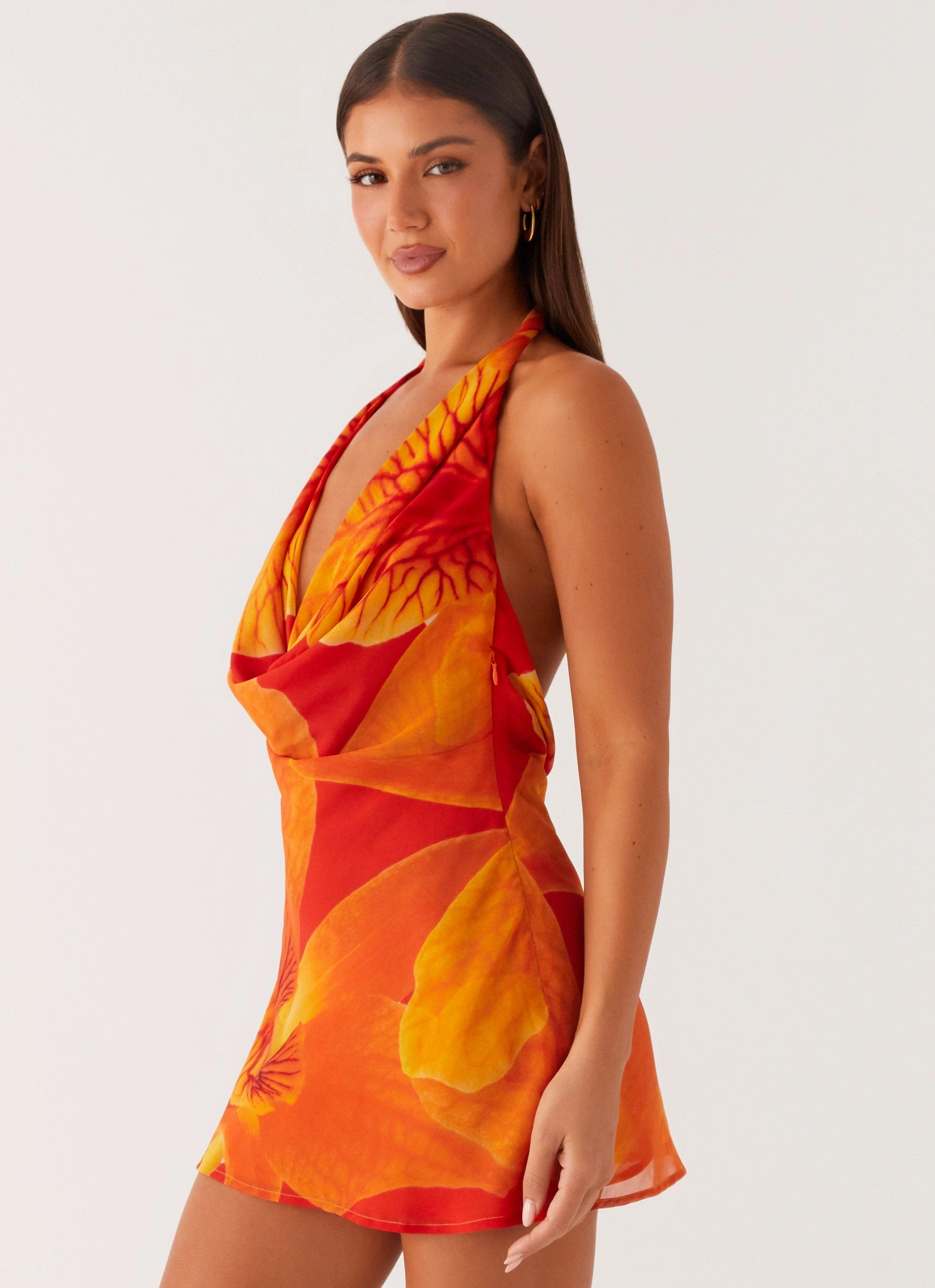 Street Fashion Solar Beam Cowl Mini Dress - Serene Orange