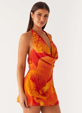 Textured Finish Solar Beam Cowl Mini Dress - Serene Orange