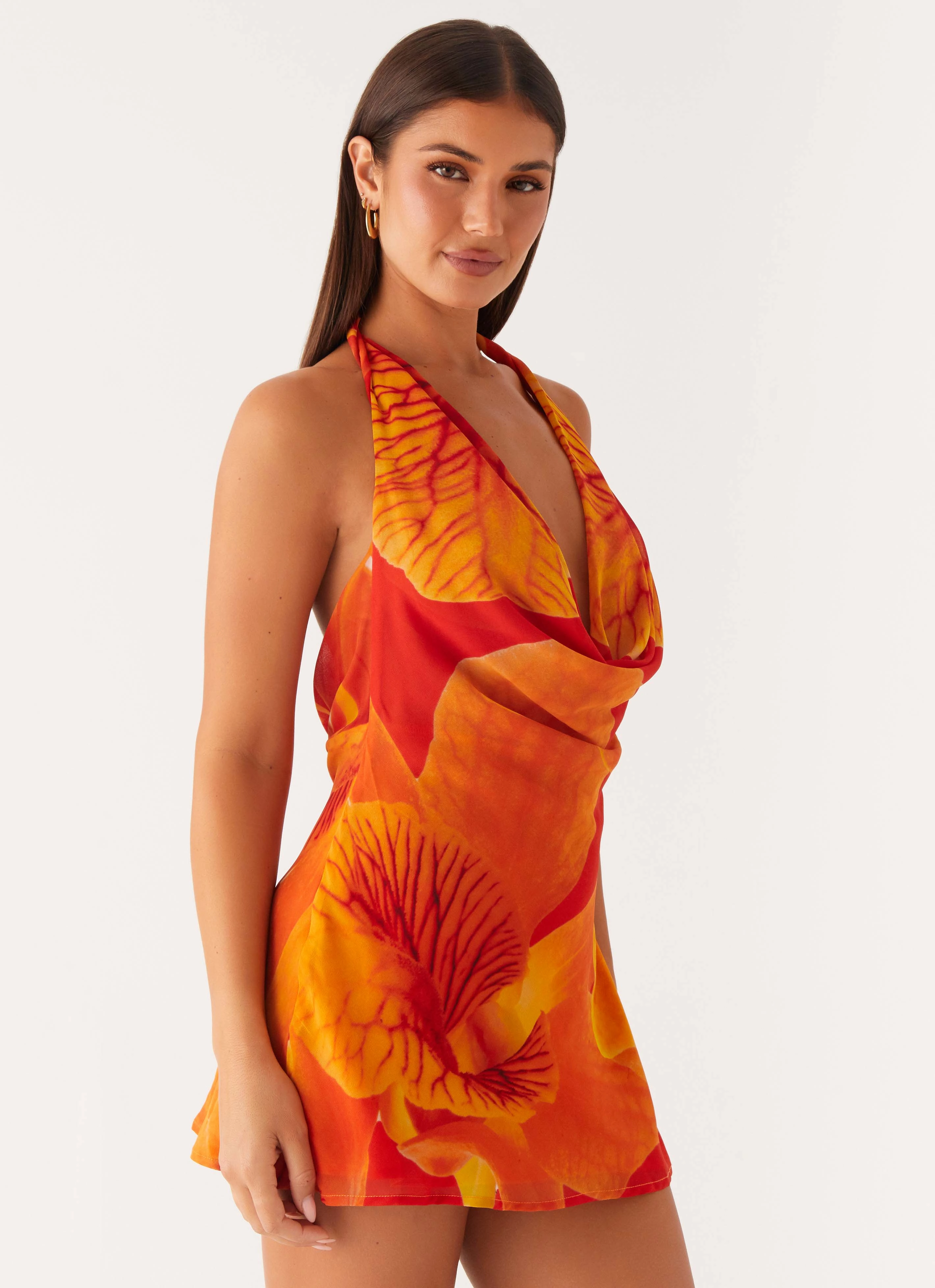 Textured Finish Solar Beam Cowl Mini Dress - Serene Orange