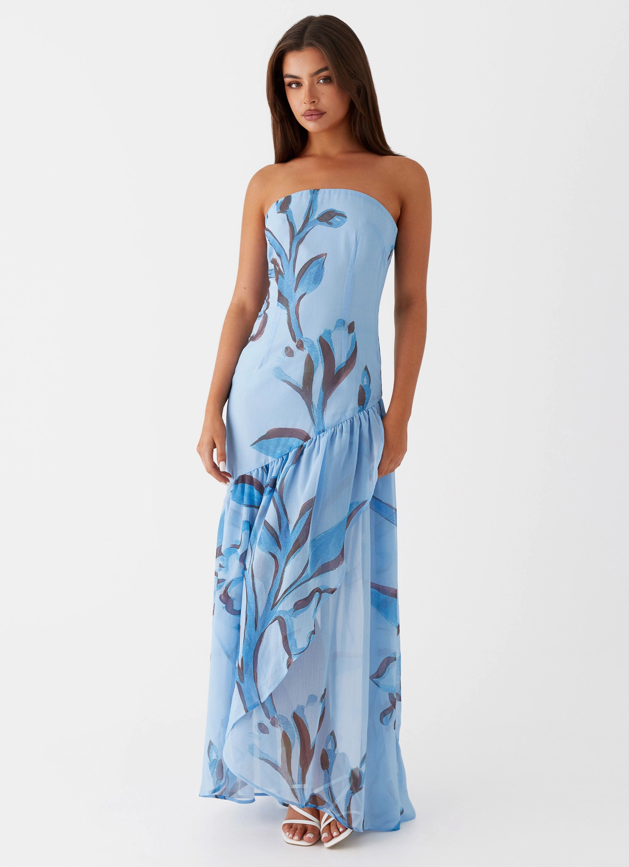 High-Fashion Subtle Texture Solaris Strapless Maxi Dress - Blue Floral