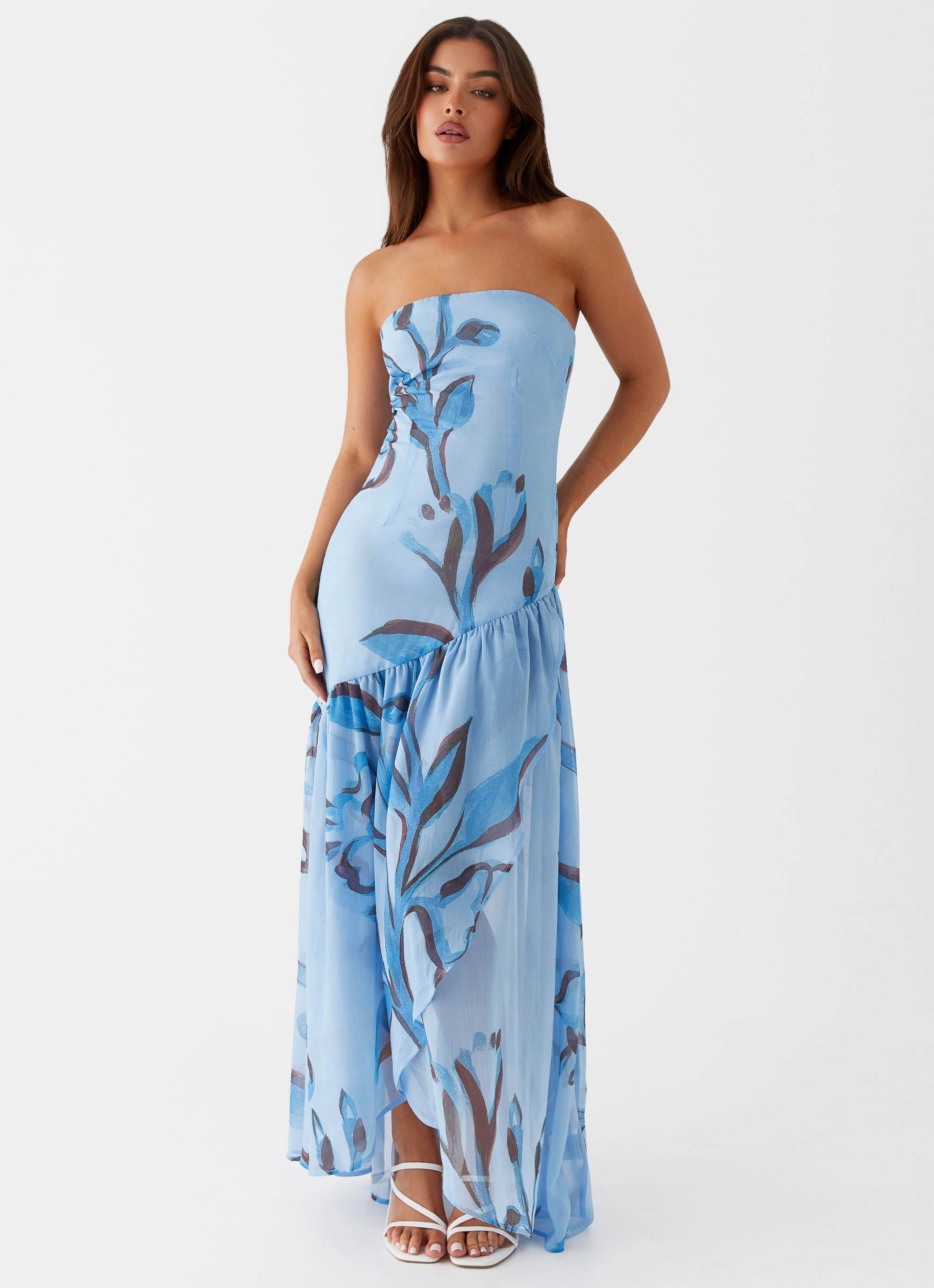 Solaris Strapless Maxi Dress - Blue Floral Gender Inclusive Event Glow