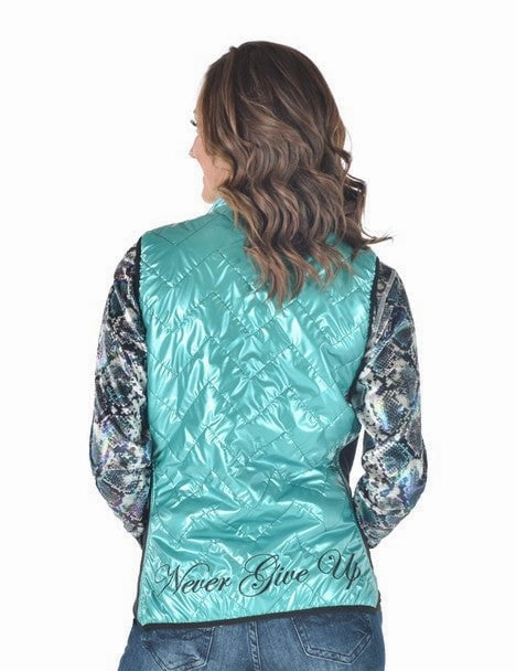Cowgirl Tuff Womens Midweight Logo Turquoise 100% Polyester Softshell Vest Ergonomic Sleeve Shaping Stormproof Zipper