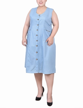 Comfy Layers Plus Size Sleeveless Chambray Dress With Hardware