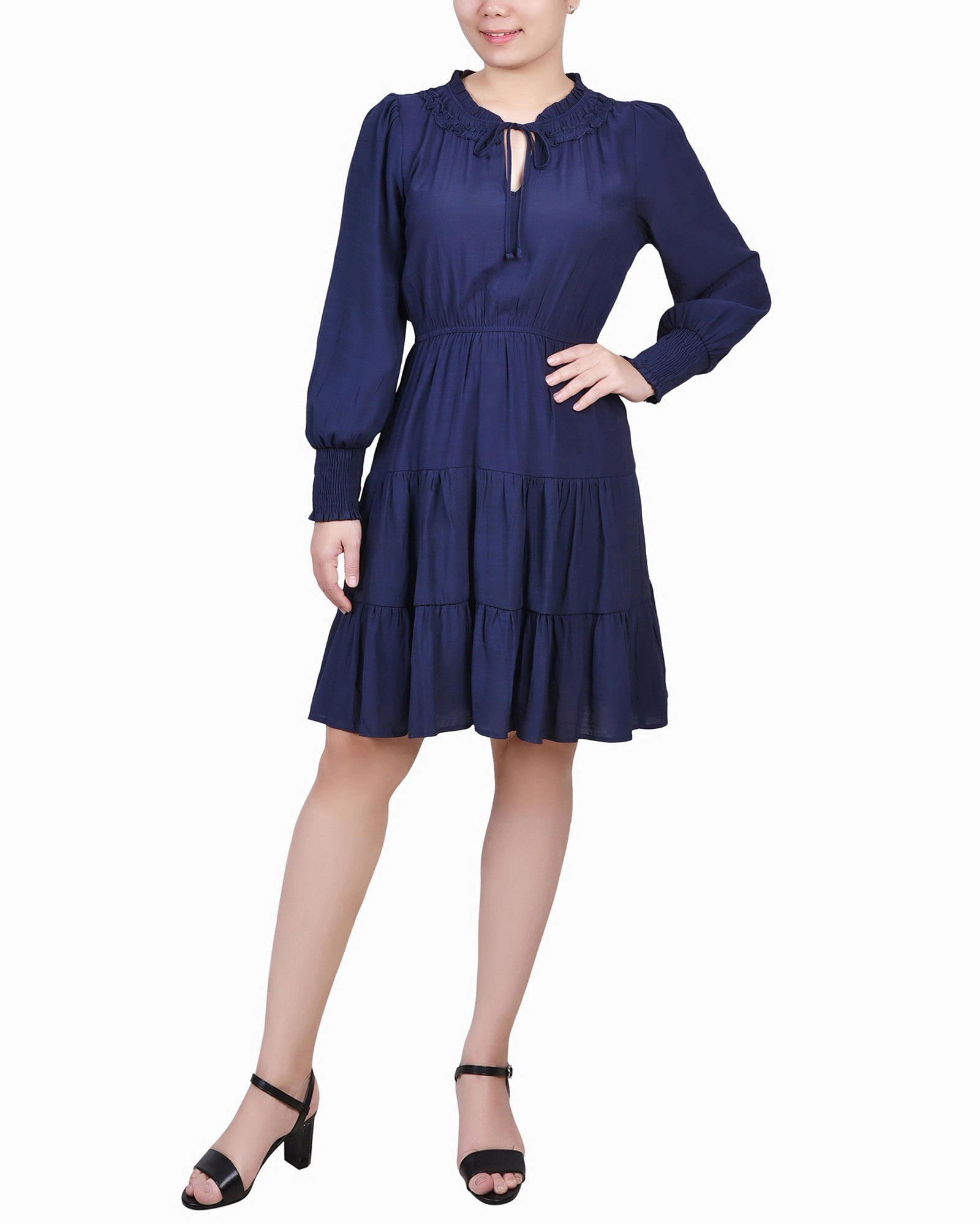 Petite Long Sleeve Tiered Dress With Ruffled Neck Silky Shape Maximalist-Trend