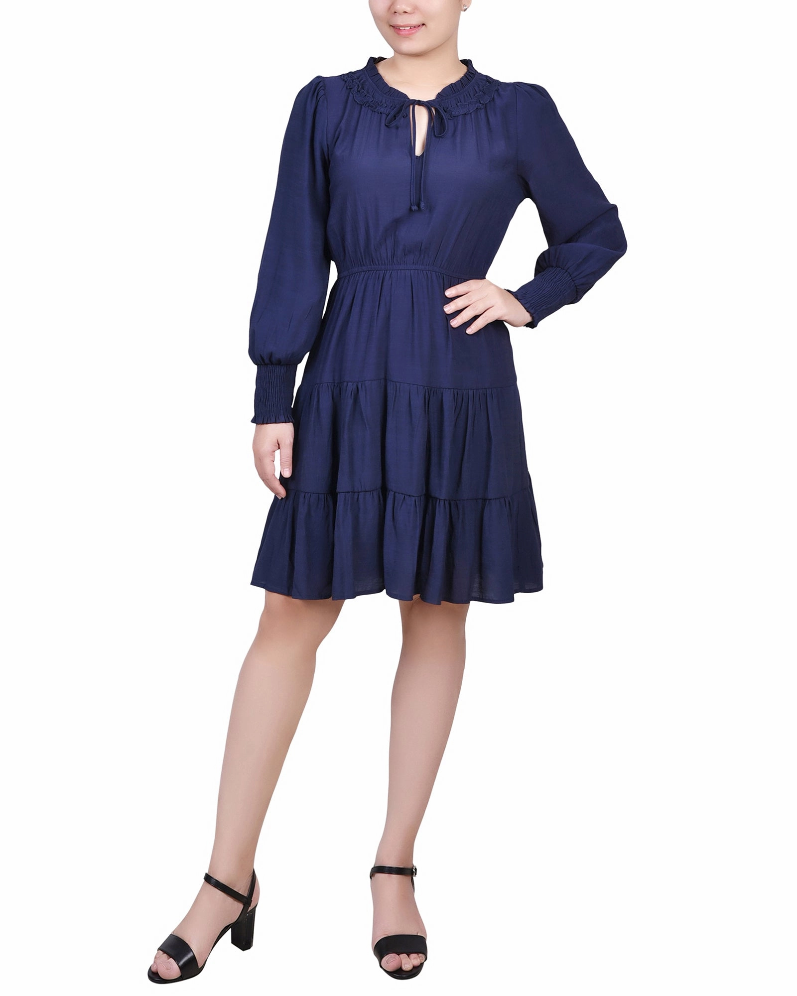 Chic Layered Wear Elastic-Waist Petite Long Sleeve Tiered Dress With Ruffled Neck