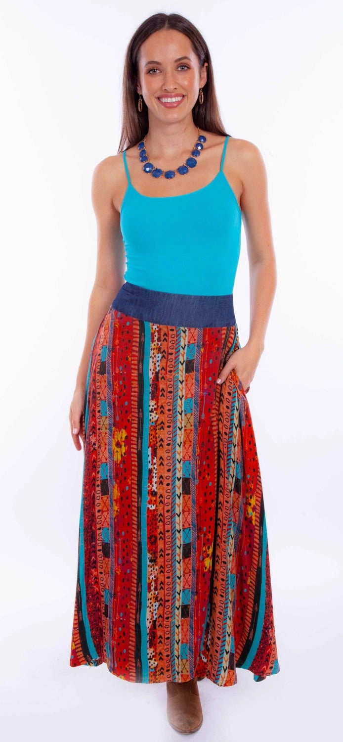 Scully Womens Southwestern Patchwork Santa Fe 100% Rayon Skirt L Style Layering flared silhouette