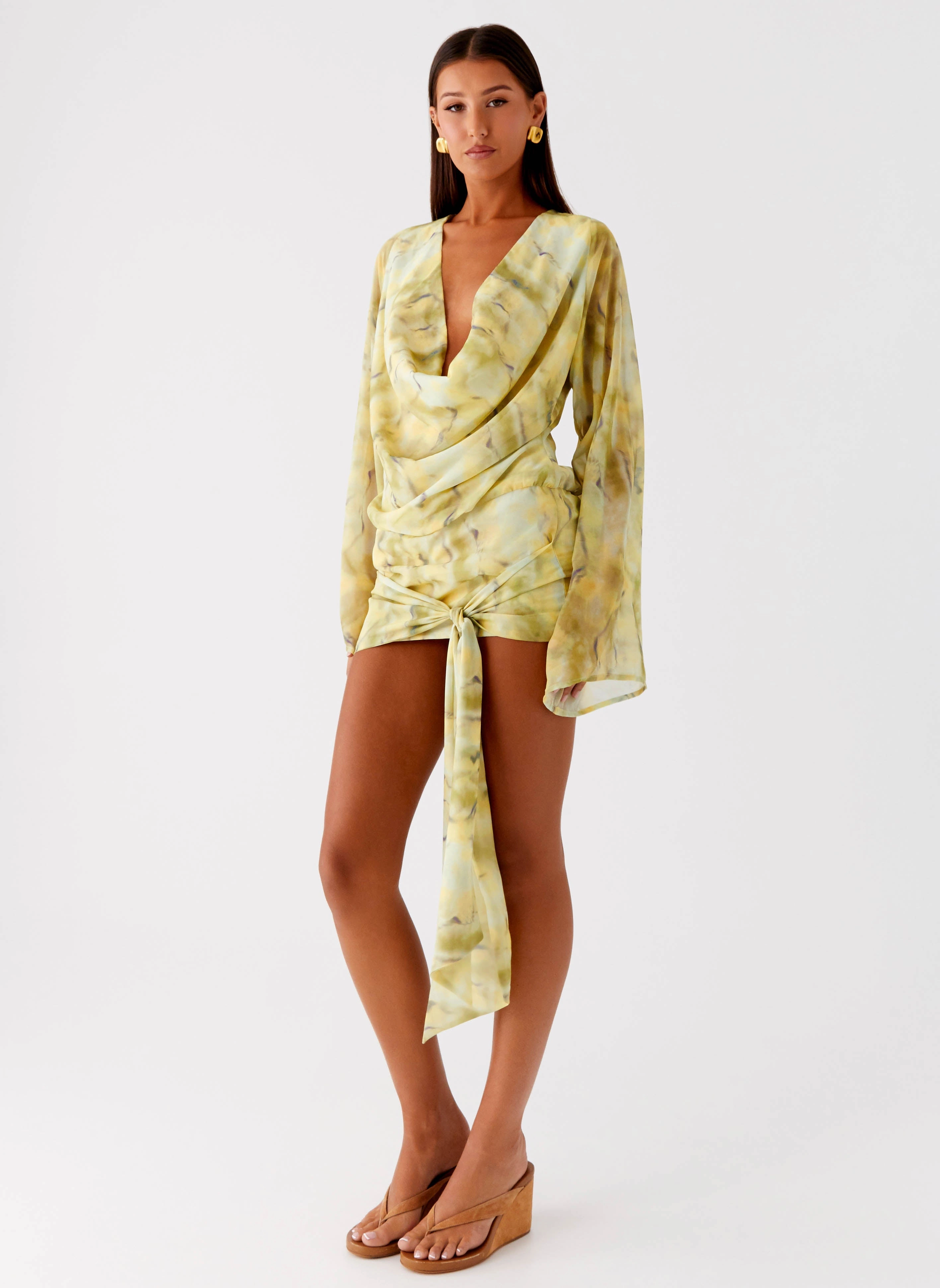 Cold Protection Coat Rainy Season Outerwear Sorrel Long Sleeve Mini Dress - Yellow Tie Dye