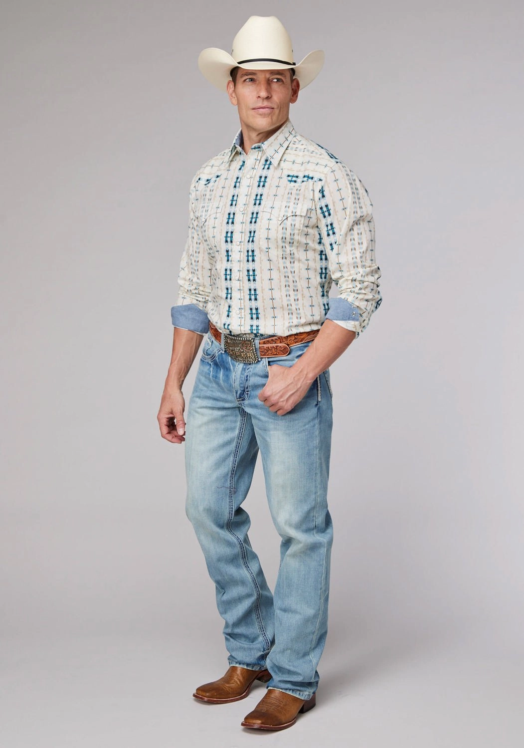 Contemporary Style Odor Resistant Roper Mens Vertical Aztec Stripe White 100% Cotton L/S Shirt