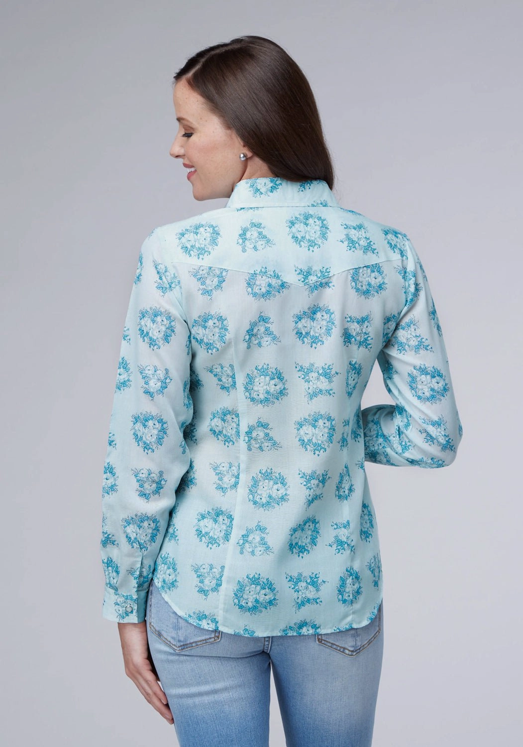 Reinforced Collar Casual Wear Roper Womens 2066 Floral Print Blue Cotton Blend L/S Shirt