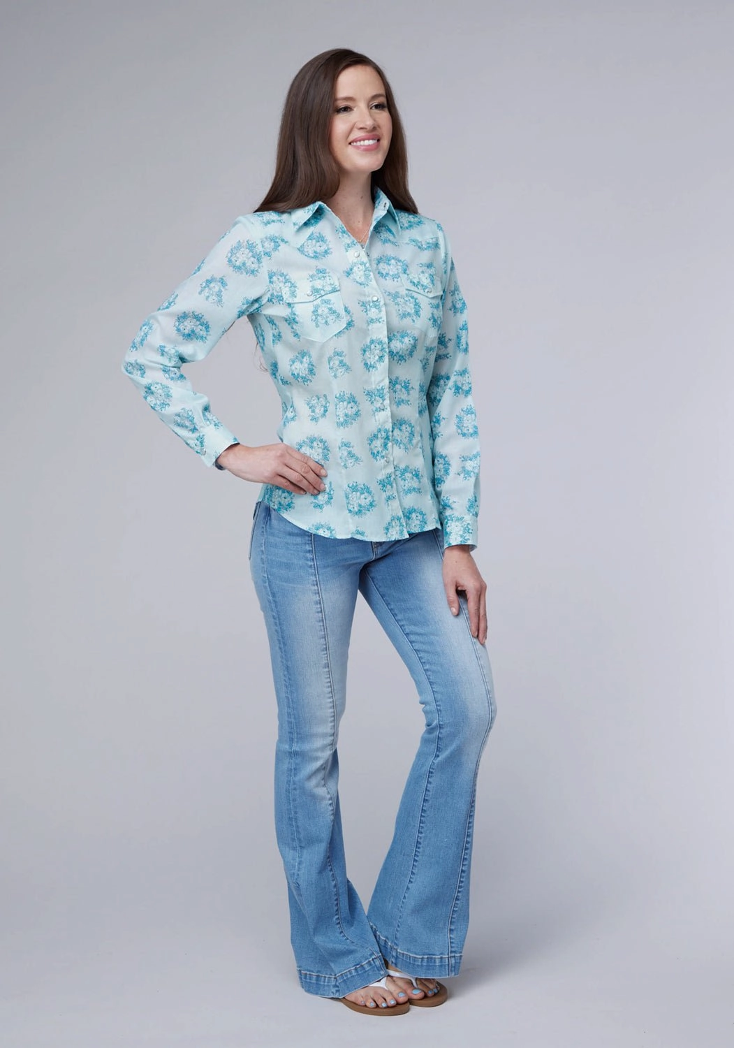Roper Womens 2066 Floral Print Blue Cotton Blend L/S Shirt Seasonal Collection High-End Fashion