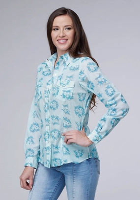 Roper Womens 2066 Floral Print Blue Cotton Blend L/S Shirt Non Iron Material Pullover Design