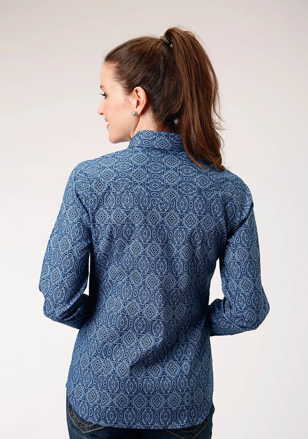 Tall Option Roper Womens Medallion Paisley Blue 100% Cotton L/S Shirt