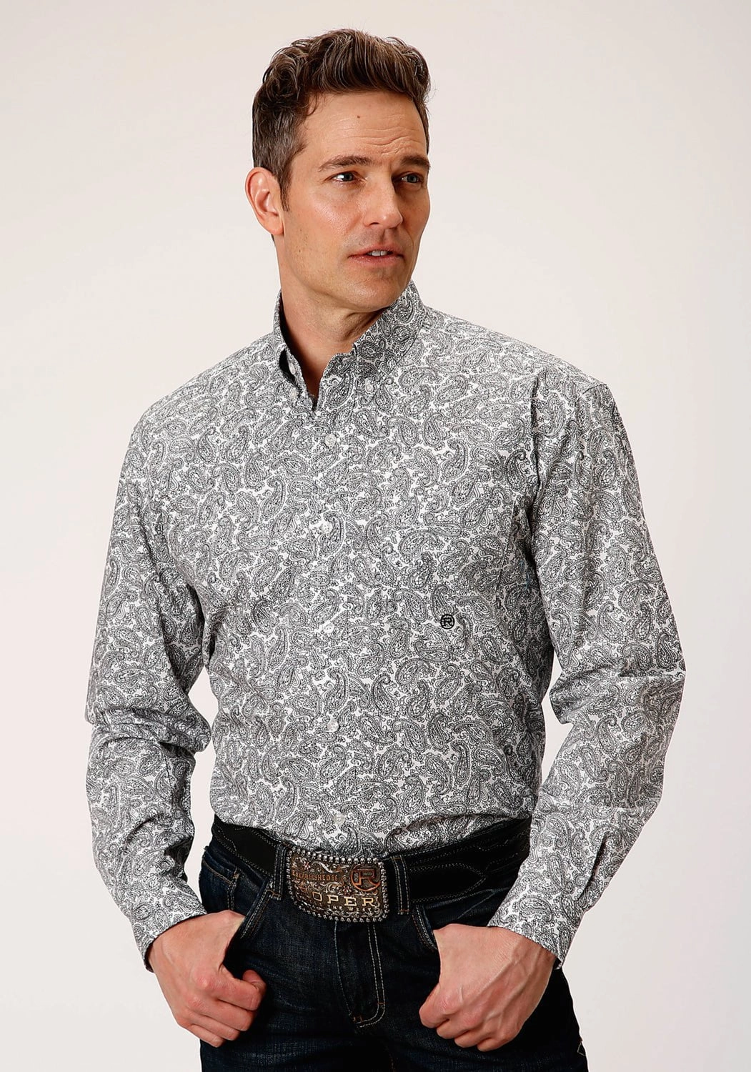 Holiday Gift holiday season Roper Mens White 100% Cotton Line Paisley BD L/S 1 Pkt Shirt