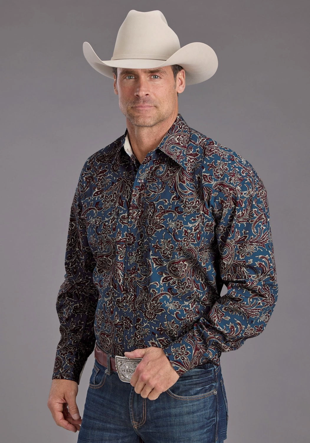 Chic Ensemble Weekend Adventure Stetson Mens Vintage Blue Paisley Blue 100% Cotton L/S Shirt