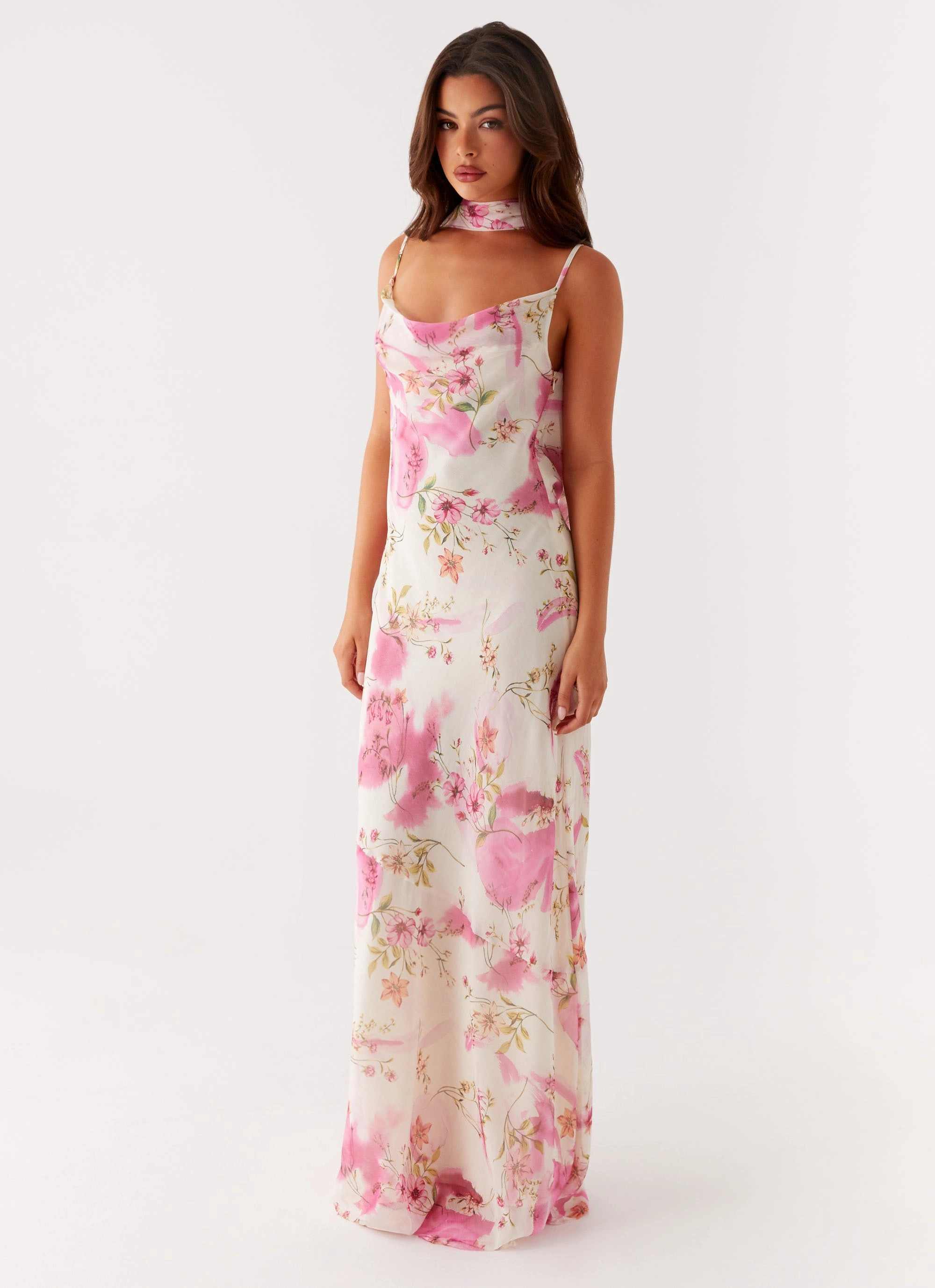 Satin Glow Airy Feel Spencer Maxi Dress - Ivory Floral Print