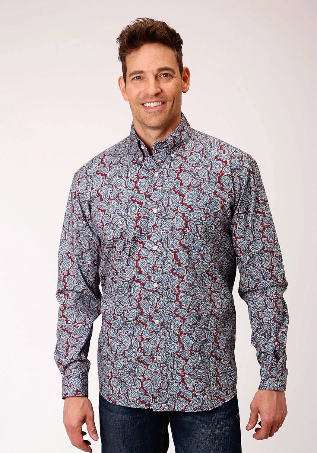 Roper Mens Wine 100% Cotton Liberty Paisley BD L/S 1 Pkt Shirt Animal Print