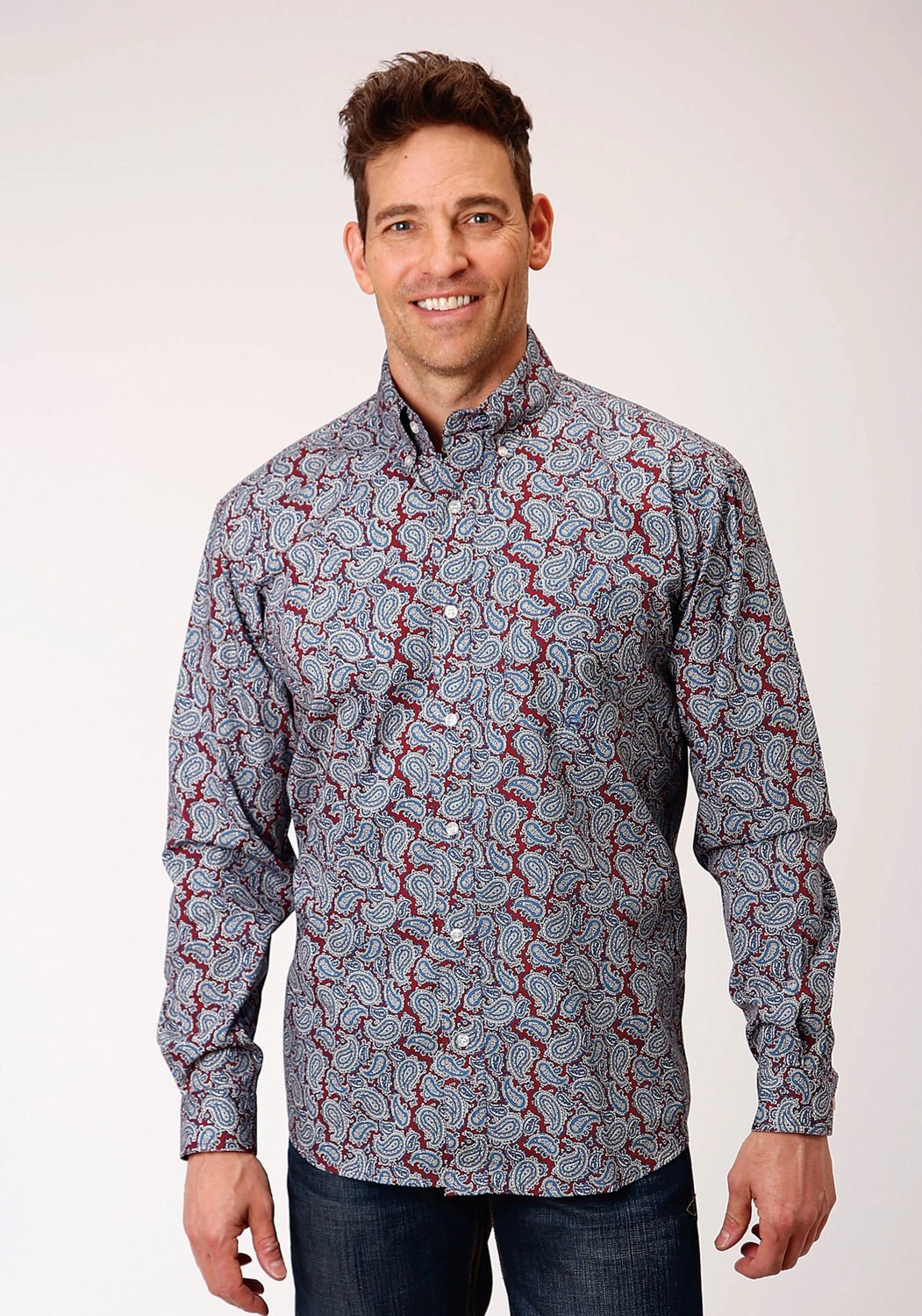 Roper Mens Wine 100% Cotton Liberty Paisley BD L/S 1 Pkt Shirt Short Sleeve Effortless Style