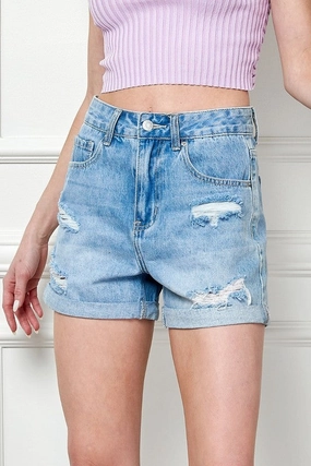 Relaxed Mood Conner Washed Denim Distressed Roll Up Shorts