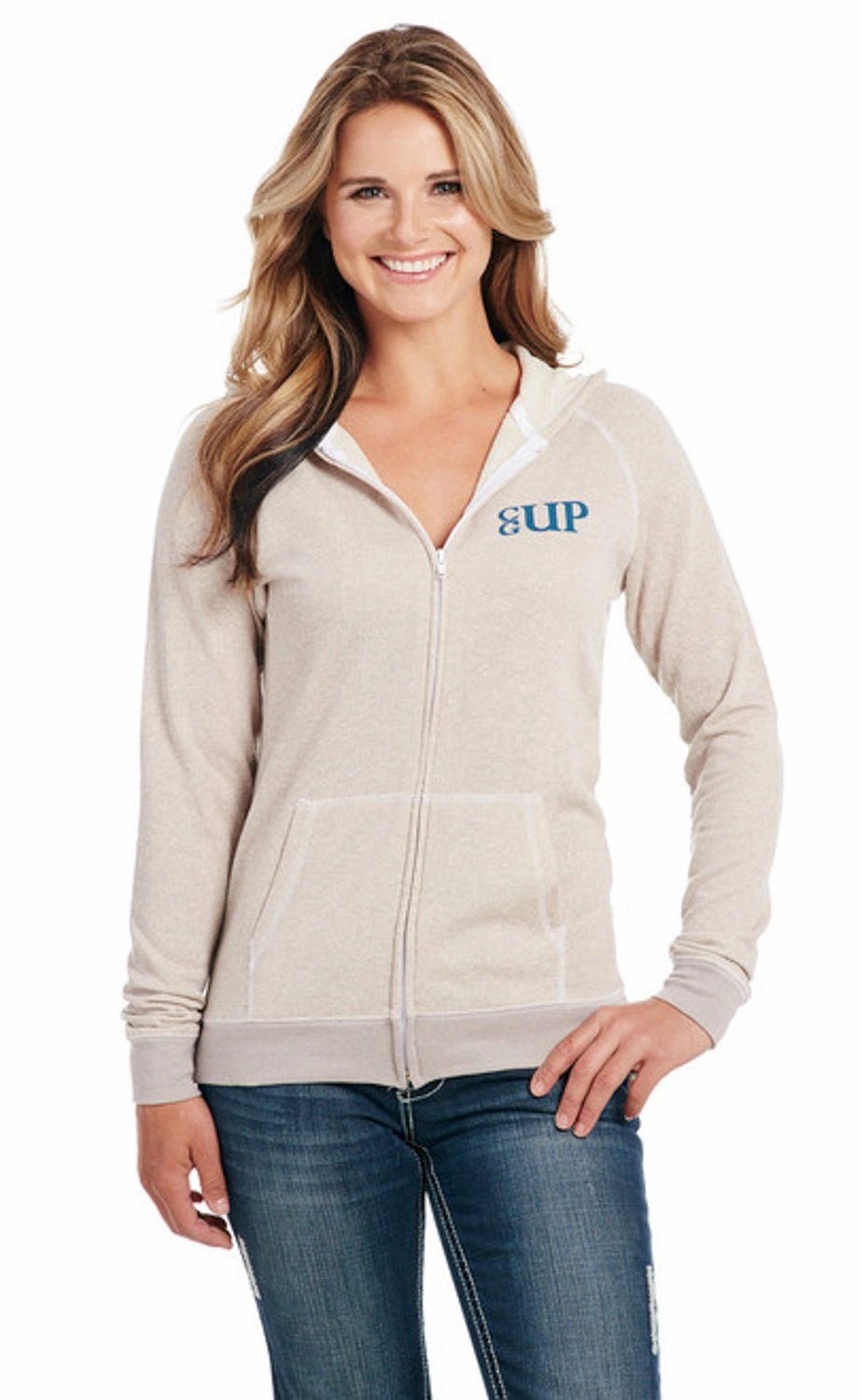 Cowgirl Up Womens Patriotic Zip Up Oatmeal Cotton Blend Hoodie Trendy Feel Active Urban Layer