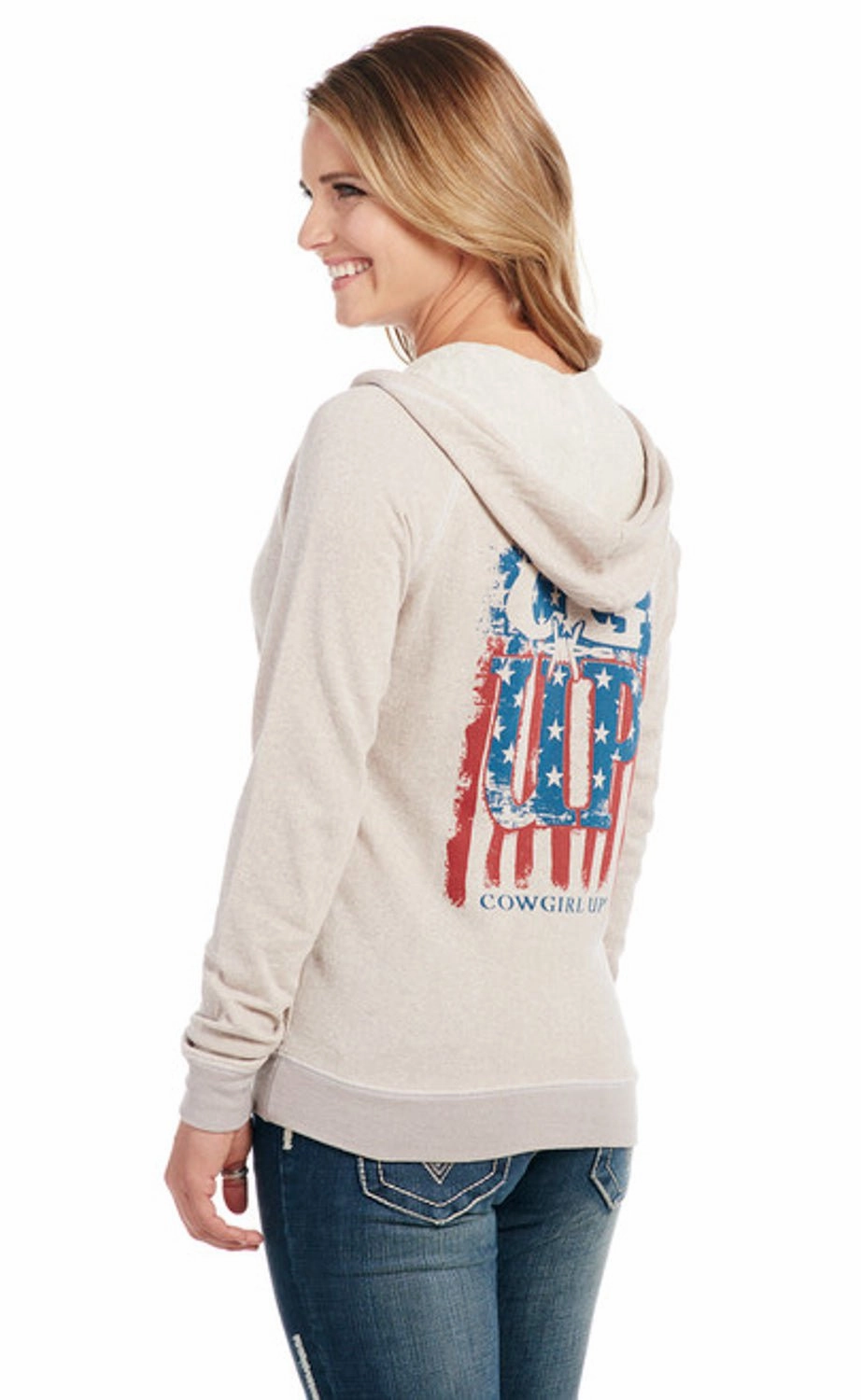 Crisp Walk Look Stretch Cloth Cowgirl Up Womens Patriotic Zip Up Oatmeal Cotton Blend Hoodie