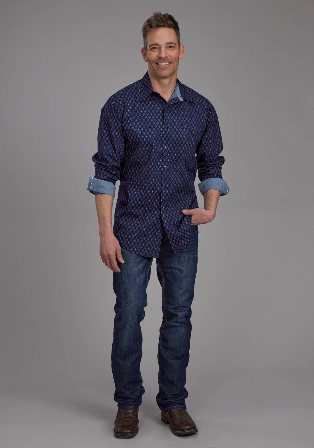 Fashionable Pick Roper Mens 2177 Aztecs Blue 100% Cotton L/S Shirt