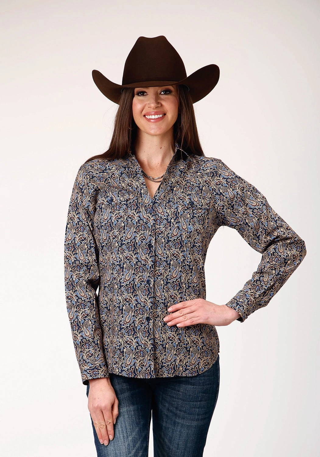 Slim Silhouette Premium Finish Roper Womens Vintage Paisley Blue 100% Cotton L/S Shirt