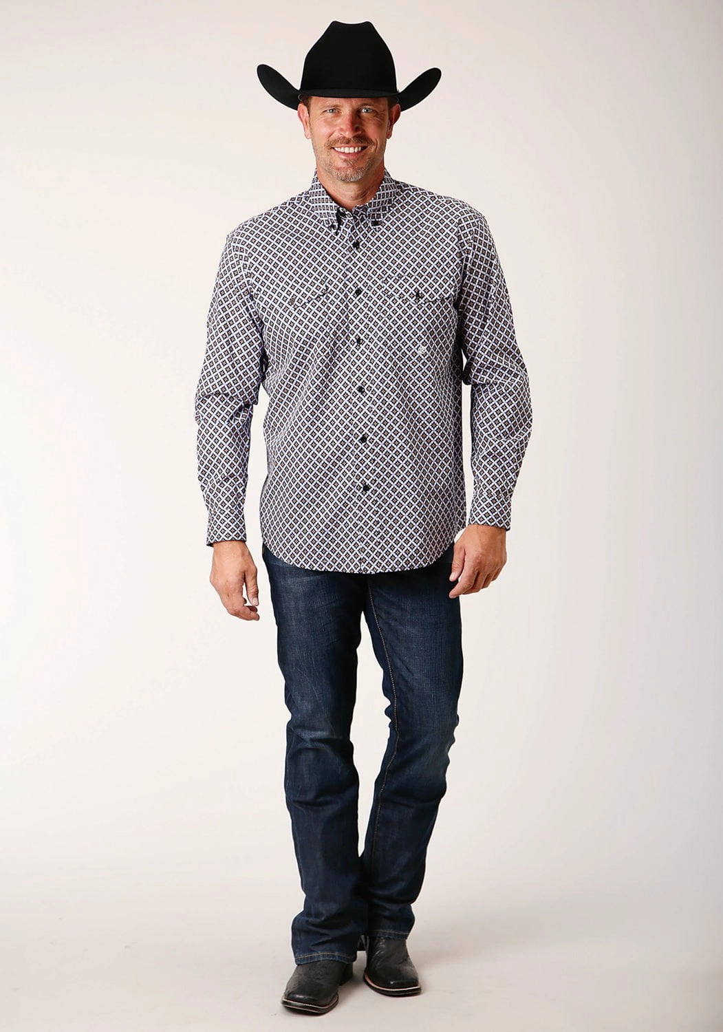 Roper Mens Black 100% Cotton L/S Shirt Patterned Design