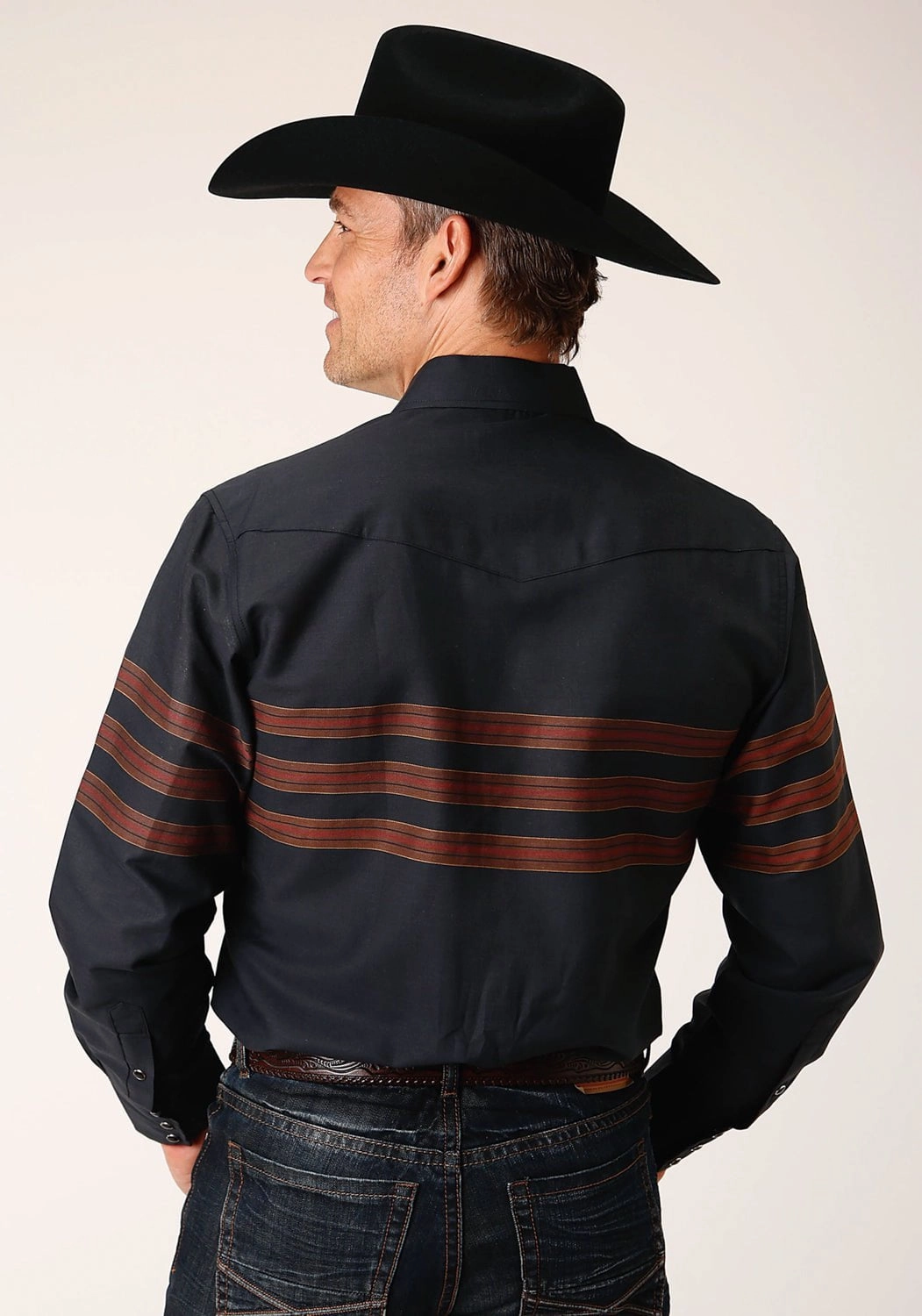 Roper Mens Saddle Border Stripe Black Cotton Blend L/S Shirt Interview Ready Custom Fit