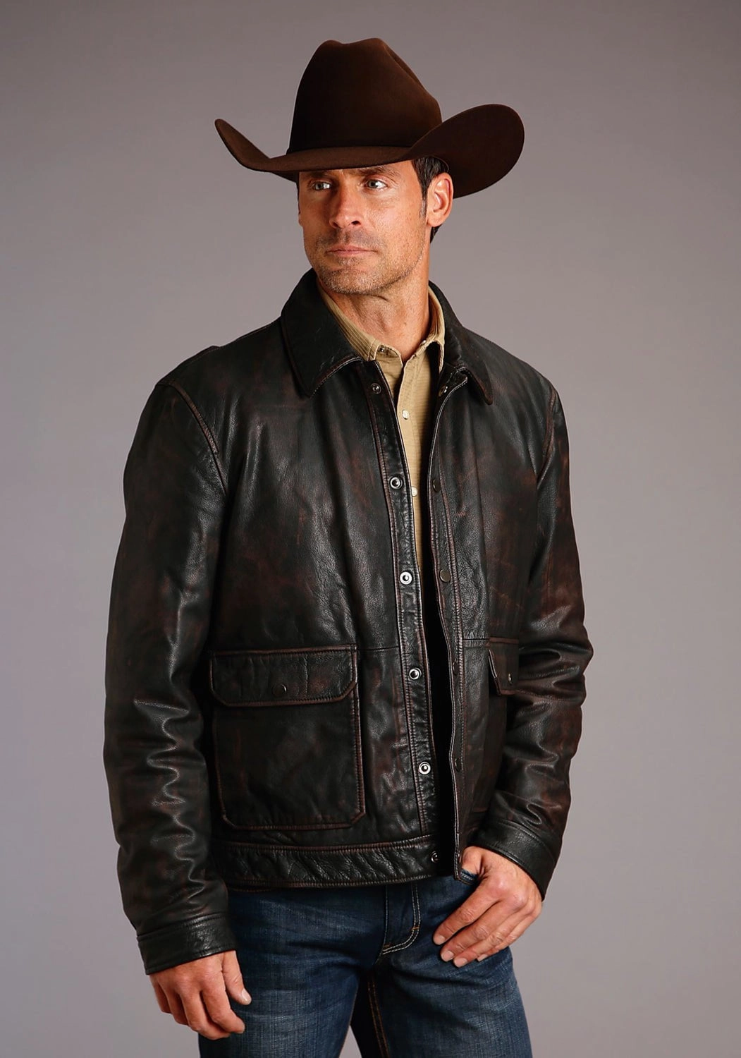 Lightweight Design Stetson Mens Distressed Snap Front Brown Leather Leather Jacket