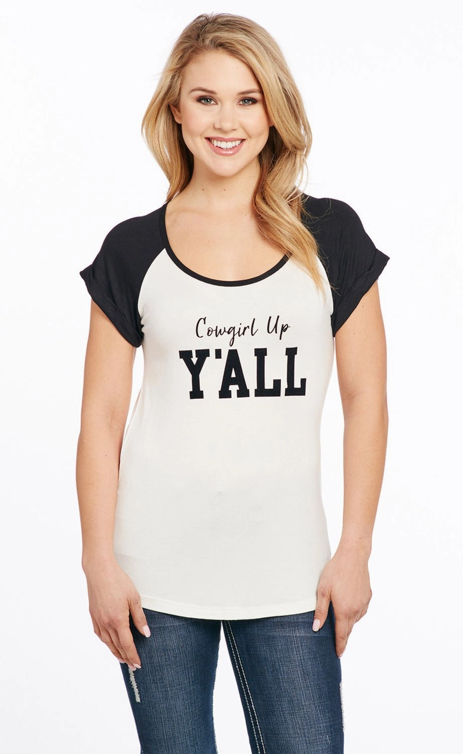 Cowgirl Up Womens Yall Flocked White Rayon S/S T-Shirt Runway Inspired Designer Look