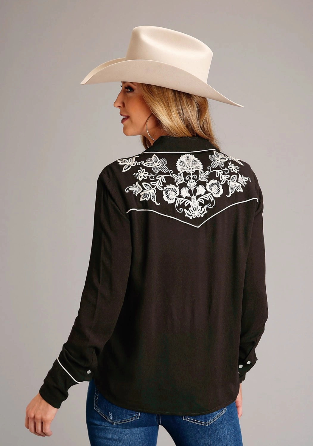 Stetson Womens Floral Crepe Brown 100% Rayon L/S Shirt Checkered Print Round Collar