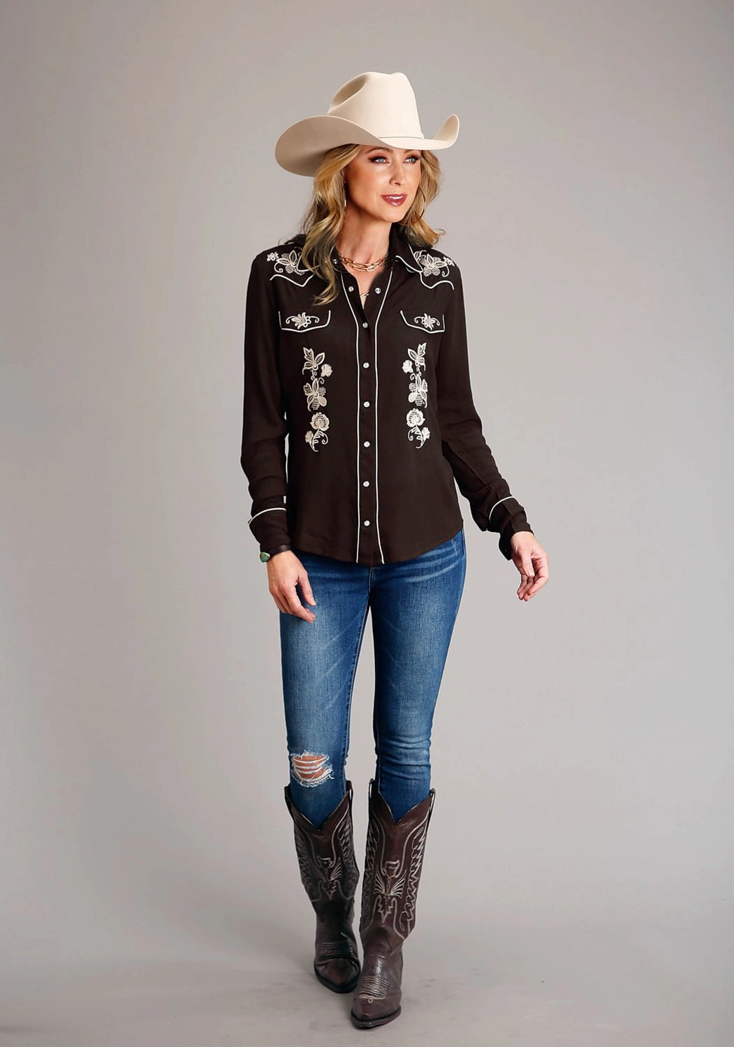 Functional Wear Oversized style Stetson Womens Floral Crepe Brown 100% Rayon L/S Shirt