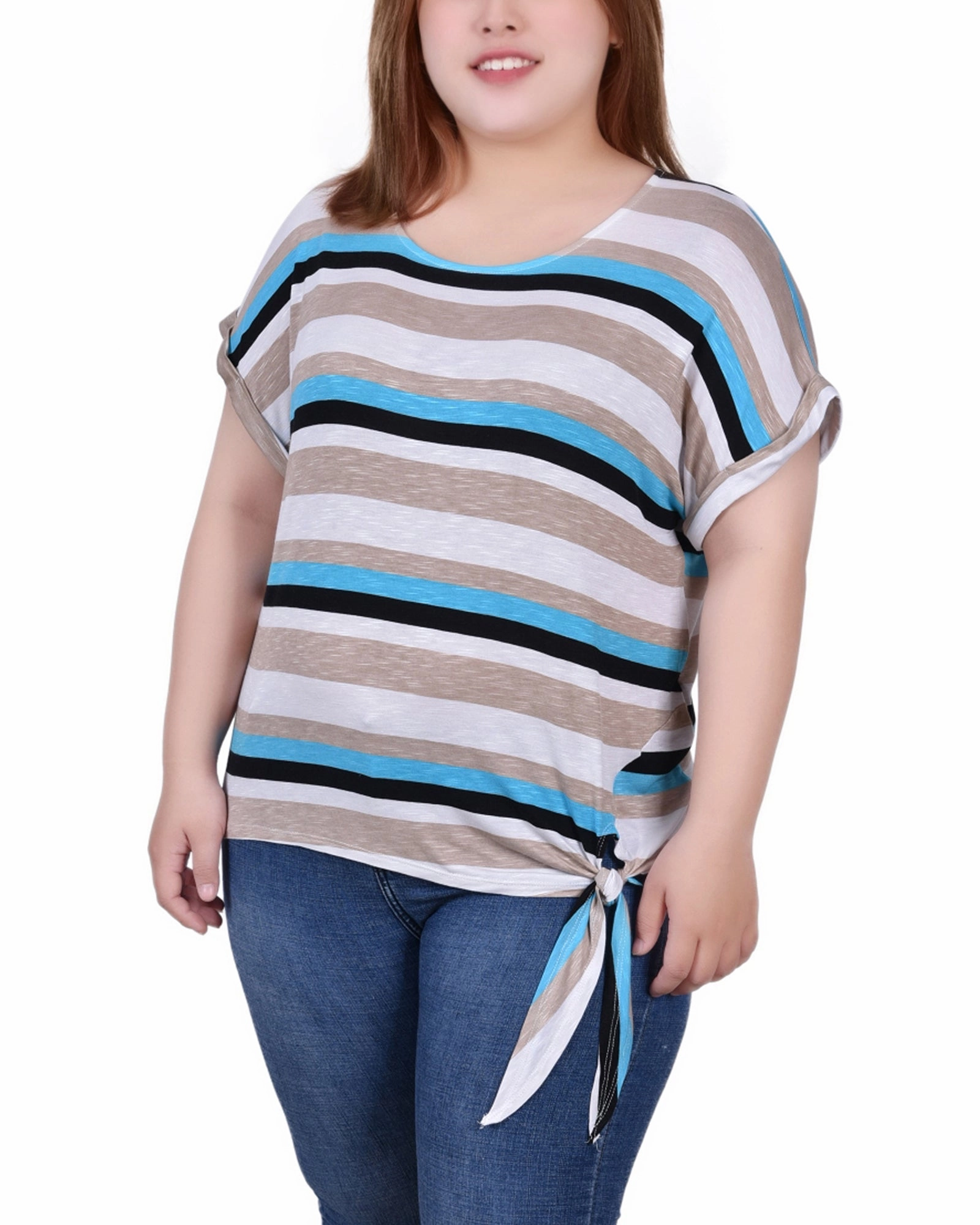 Shape Retention Fabric ButterSoftTexture Plus Size Short Sleeve Tie Front Top